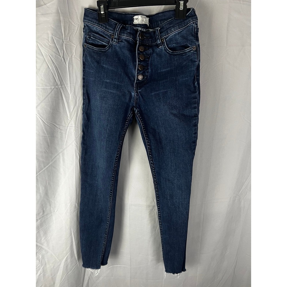 Free People Skinny Jeans Button Fly Raw Hem Blue Denim Women's Size 27
